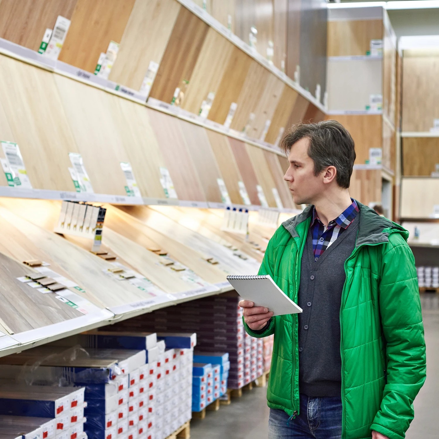 client dans le rayon parquets dans un magasin de bricolage